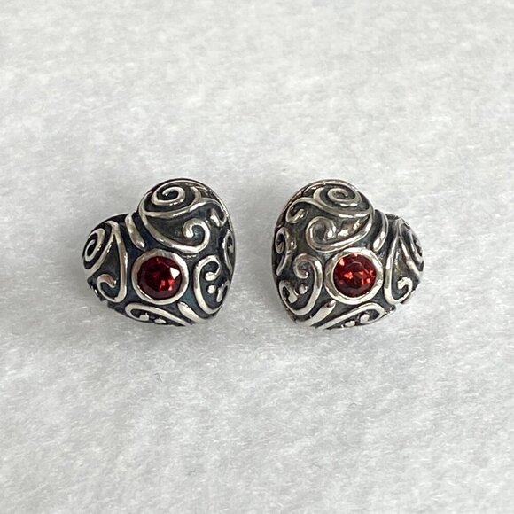 Sterling Silver 925 Dainty Oxidized Scrollwork Garnet Puffy Heart Stud Earrings - Picture 1 of 16